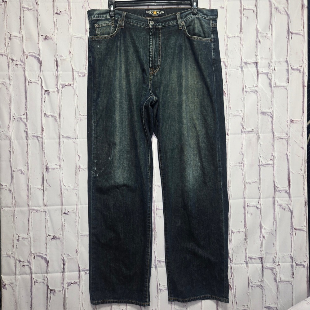 Lucky Brand 181 Jeans Dark Wash Straight Leg Distressed Denim Relaxed Mens 38x32
